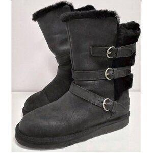 UGG Becket Black Leather Sheepskin Shearling Biker Moto Boots Sz 9 NWOT